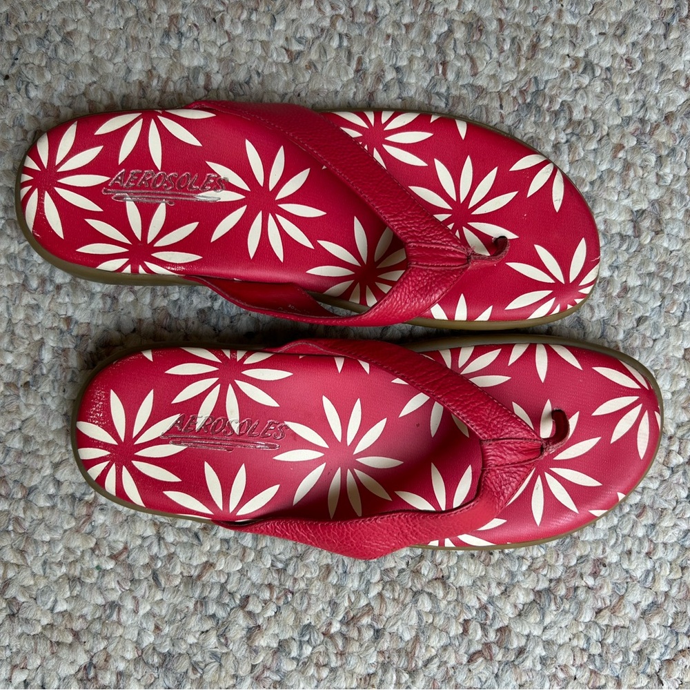 Daisy Lou Red and White Floral Sandals, Leather uppers. Very Good condition!!